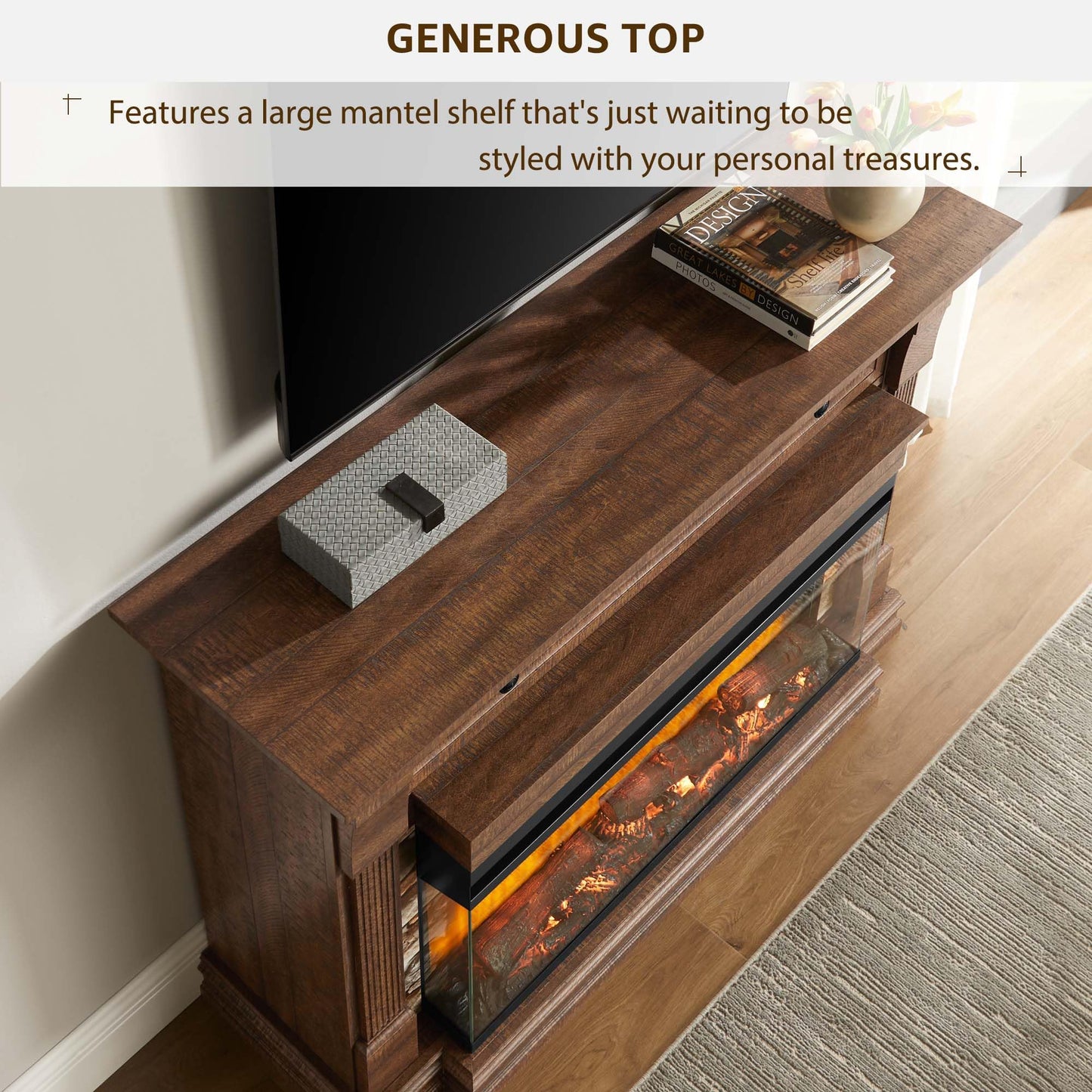 OKD 52 Inch Electric Fireplace with Mantel, Fireplace TV Stand with 36" 3-Sided Glass Electric Fireplace Heater for Living Room (Brown)