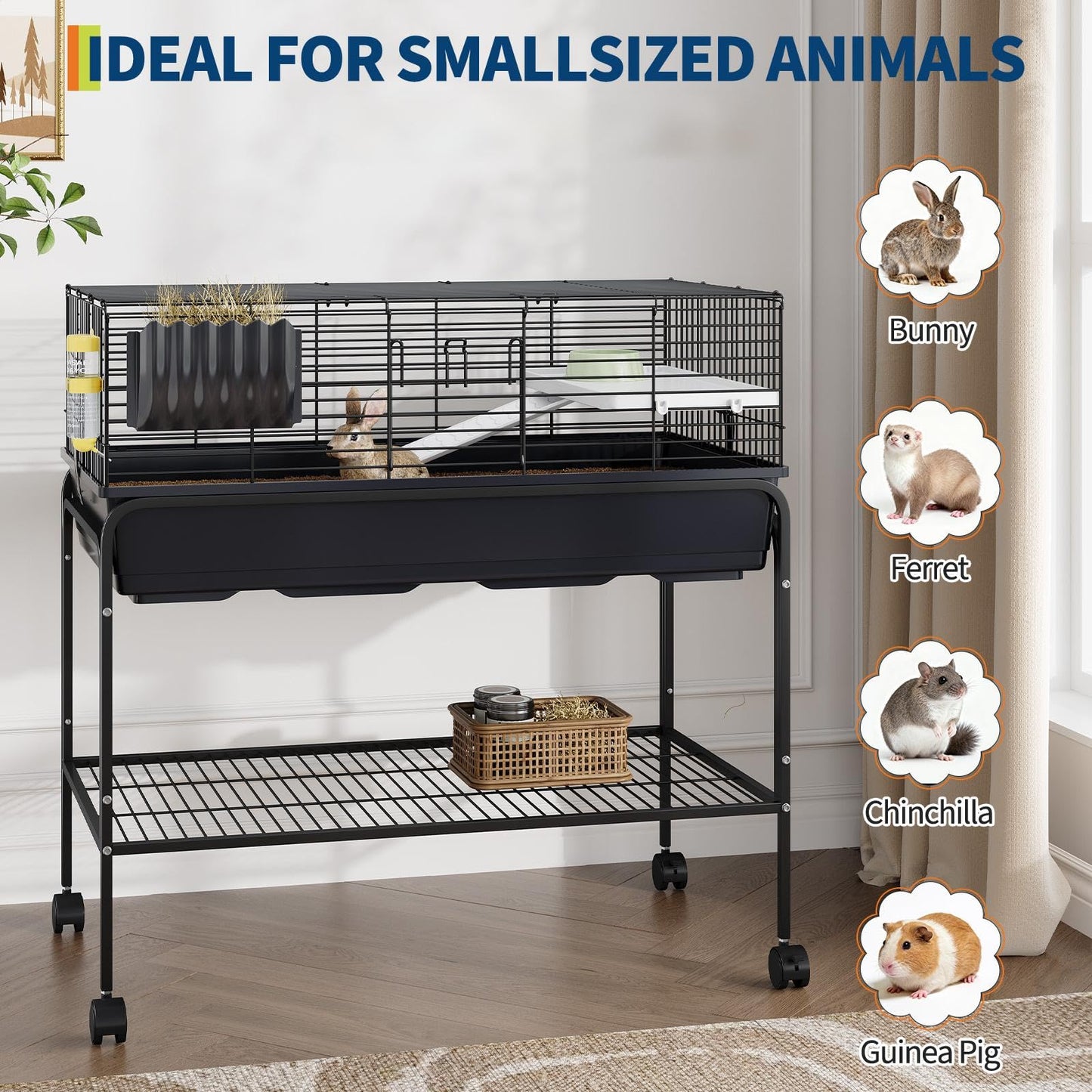 Guinea Pig Cage Kit, Small Animal Cage with Hay Holder, Water Bottle, Food Bowl, Metal Pet Habitat for Hamster, Chinchillas, Guinea Pigs, Rabbit, Squirrel, Gerbil