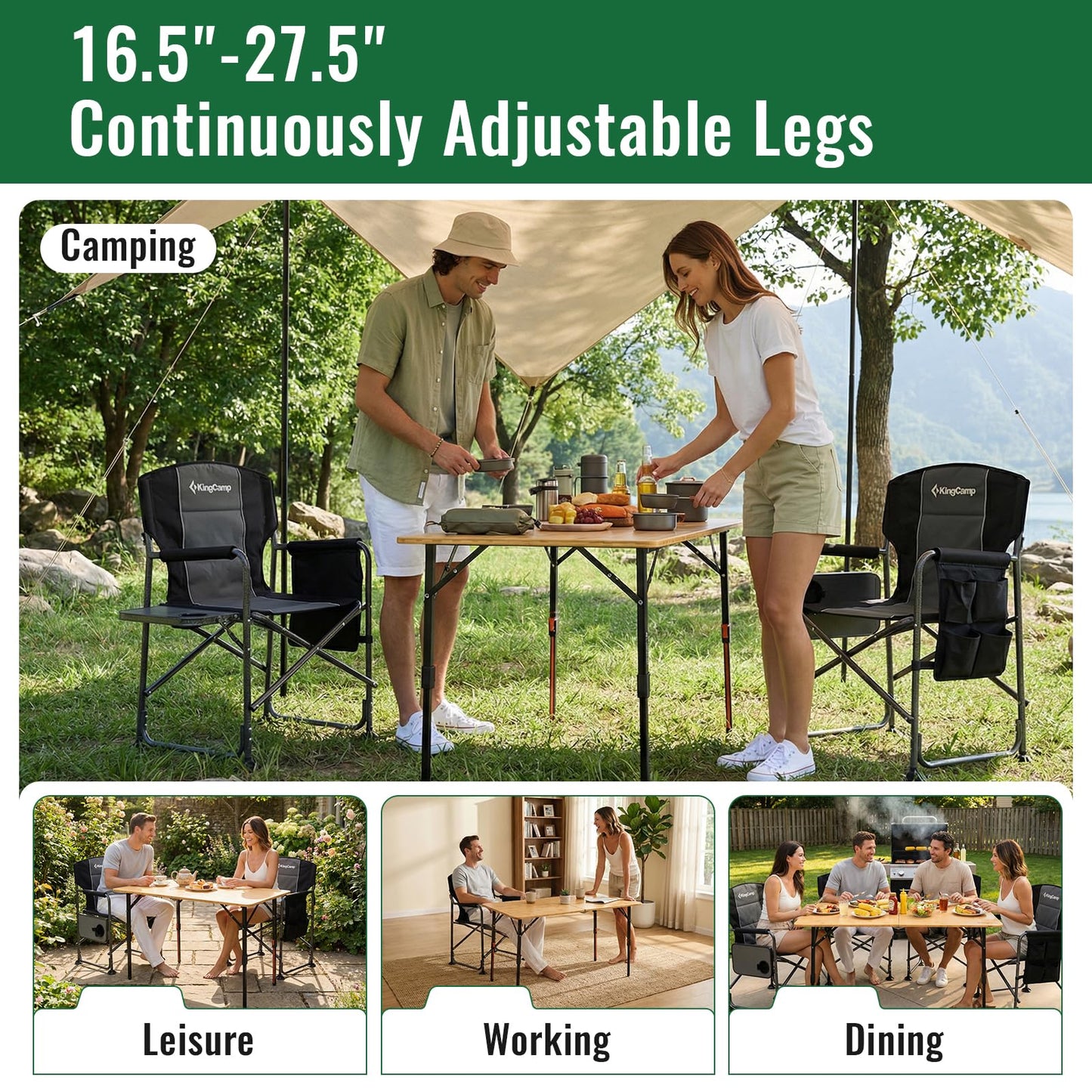 KingCamp Bamboo Folding Table, 47 Inch Large Portable Camping Table with Adjustable Height Legs for Uneven Ground, High-Strength Bamboo Surface Holds 265lbs, Multi-Scenario Table for Home & Outdoor