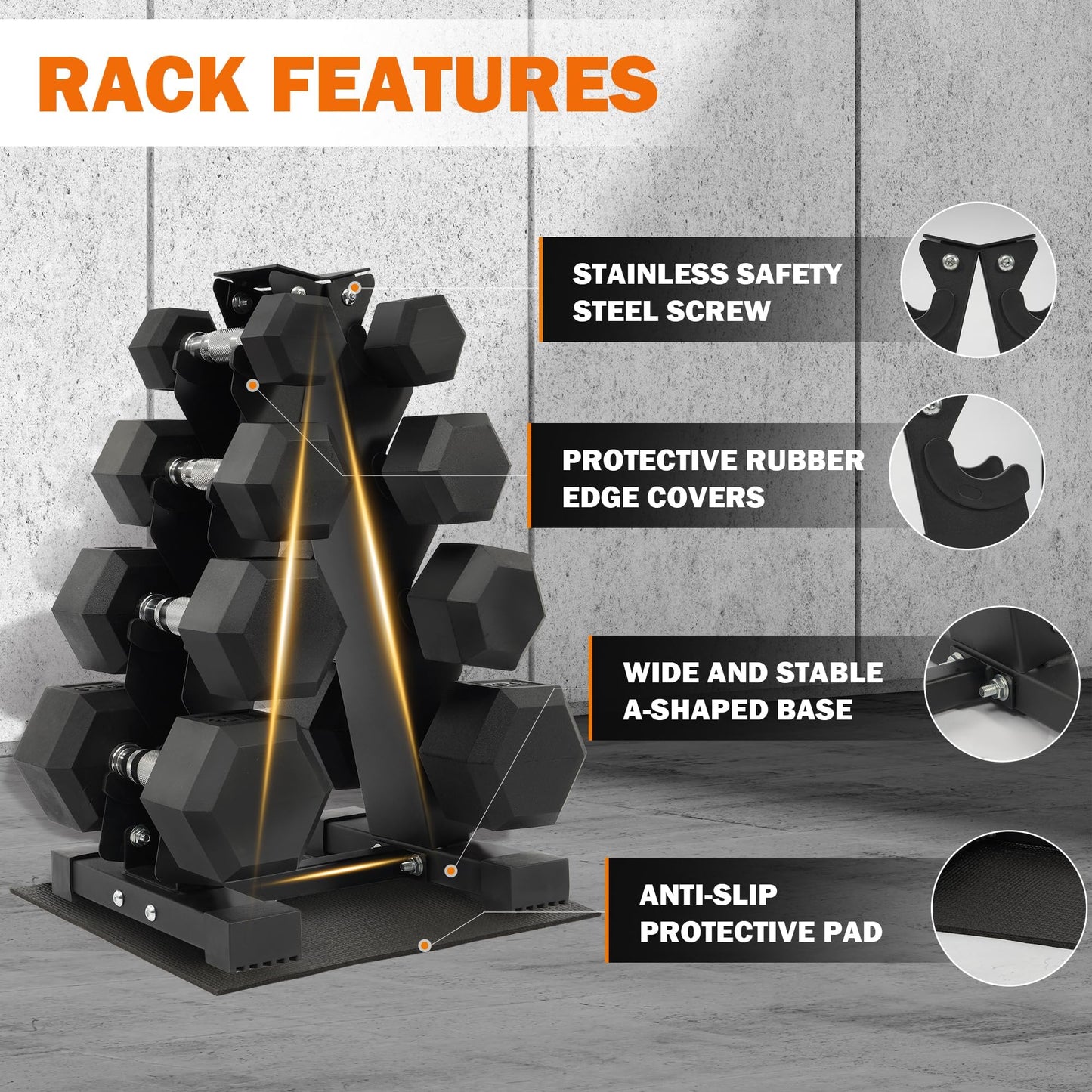 Fitvids 100 LB Rubber Coated Hex Dumbbell Set with Storage Rack, 5-25LB Hand Weight Set with Anti-Slip Grip for Home Gym