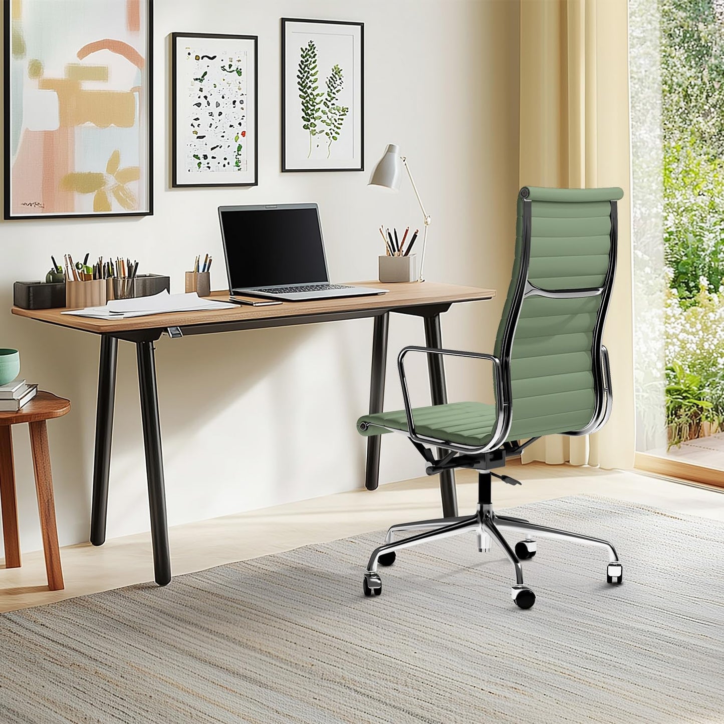OTDMEL Ribbed Office Chair with Top Grain Leather - High Back Ergonomic Desk Chair with Aluminum Arm Rest and 5-Star Base, Swivel Chairs Light Green