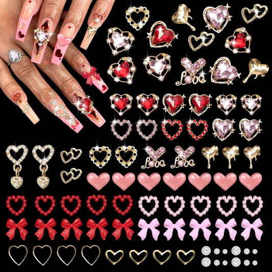 220 Pcs Gold Bow Heart and Acrylic Nail Art Charms, Love Nail Rhinestone and Gems, Pink Red Hearts Bowknot Junk Case Charms for Y2K Nail Art Manicure Design