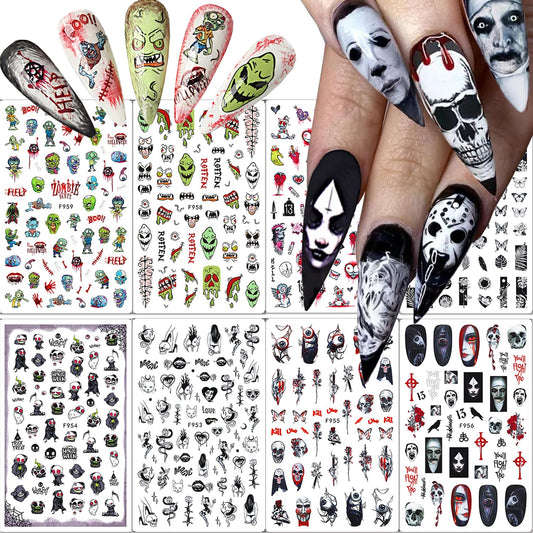8 Sheets Halloween Nail Art Stickers 3D Punk Goth Nail Decals Evil Skull Rose Snake Nail Designs Sticker Self-Adhesive Halloween Nail Art Supplies Horror Zombie Nail Decorations for Women Manicure