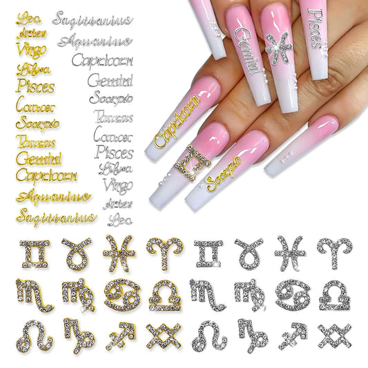 JERCLITY 48 Pieces Gold Silver Alloy Zodiac Nail Charms Zodiac Signs Nail Studs Constellation Words Charms for Nails Twelve Constellation Set for Women Girls