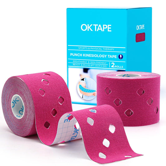 OK TAPE Perforated Kinesiology Tape for Sensitive Skin, More Breathable, Elastic Athletic Tape for Pain Relief & Muscle Support, Uncut 2 Rolls - 2in x 16.4ft (Pink)