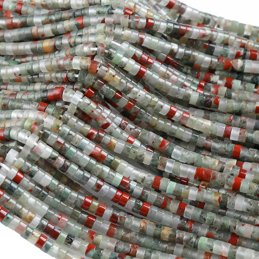 150pcs 2x4mm Natural African Bloodstone Tube Shape Beads Loose Flat Round Cylinder Flat Spacer Green Stone Beads for Bracelet Earrings Jewelry Making