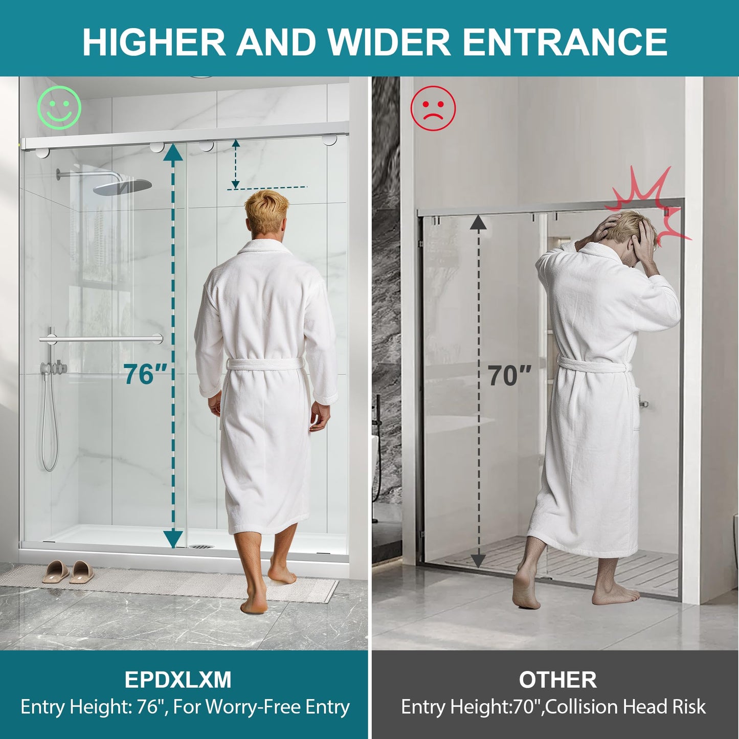 Frameless Shower Door with Soft-Close & Anti-Leak,5/16" (8mm) Double Sliding Shower Door,Nano Coating Anti-Explosion Film SGCC Tempered Glass 49"- 54" W x 76" H,Brushed Nickel