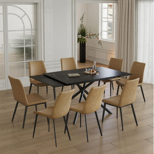 Runboll Extendable Rectangular Dining Table Set for 8, 47"-71" Modern Sintered Stone Kitchen Table with 8 Chairs and Carbon Steel Legs for Dining Room Family Gathering