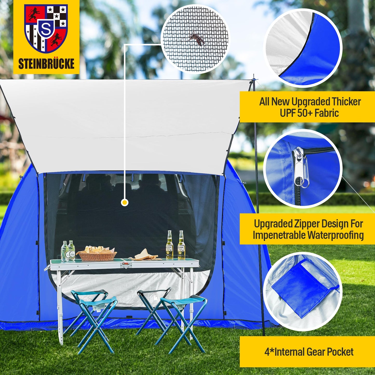 Versatile SUV Camping Tent with Spacious Awning, 4000mm Waterproof Car Shelter, Sleeps Up to 4 People - Essential Camping Accessories, Easy Setup for Backpacking, Travel, Hiking, Outdoor (Blue)