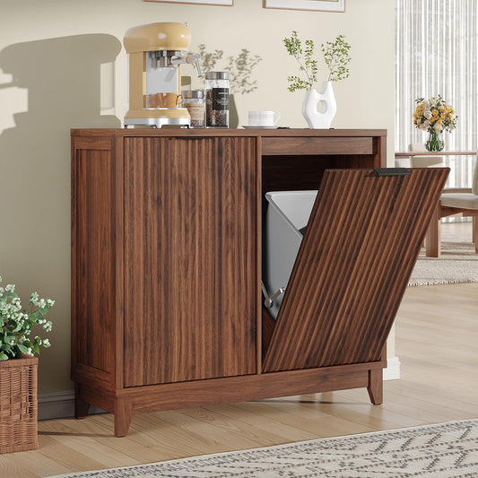 Double Tilt Out Trash Can Cabinet with Odor Control, Outlets, Fluted Trash Cabinet 13 Gallon Hidden Bin Storage, Modern Kitchen Cabinet with Soft-Close Door, Laundry Hamper Cabinet for Bathroom
