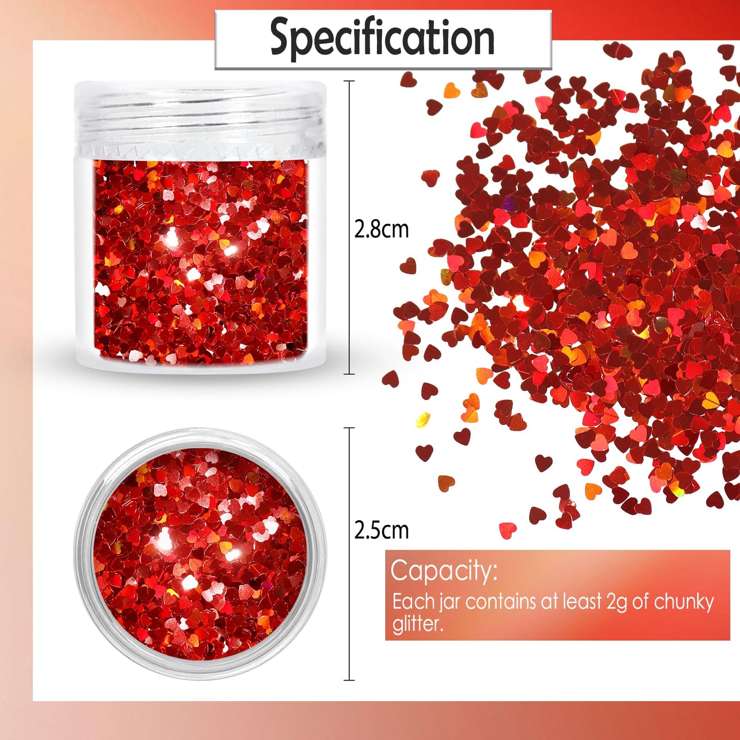 Laza 2g Chunky Glitter for Valentine’s Day Heart Glitter Confetti Nail Charms Holographic Sequins Stickers Sparkle for DIY Crafts Nail Art Decoration Party Face Body Make Up Resin - Laser Red