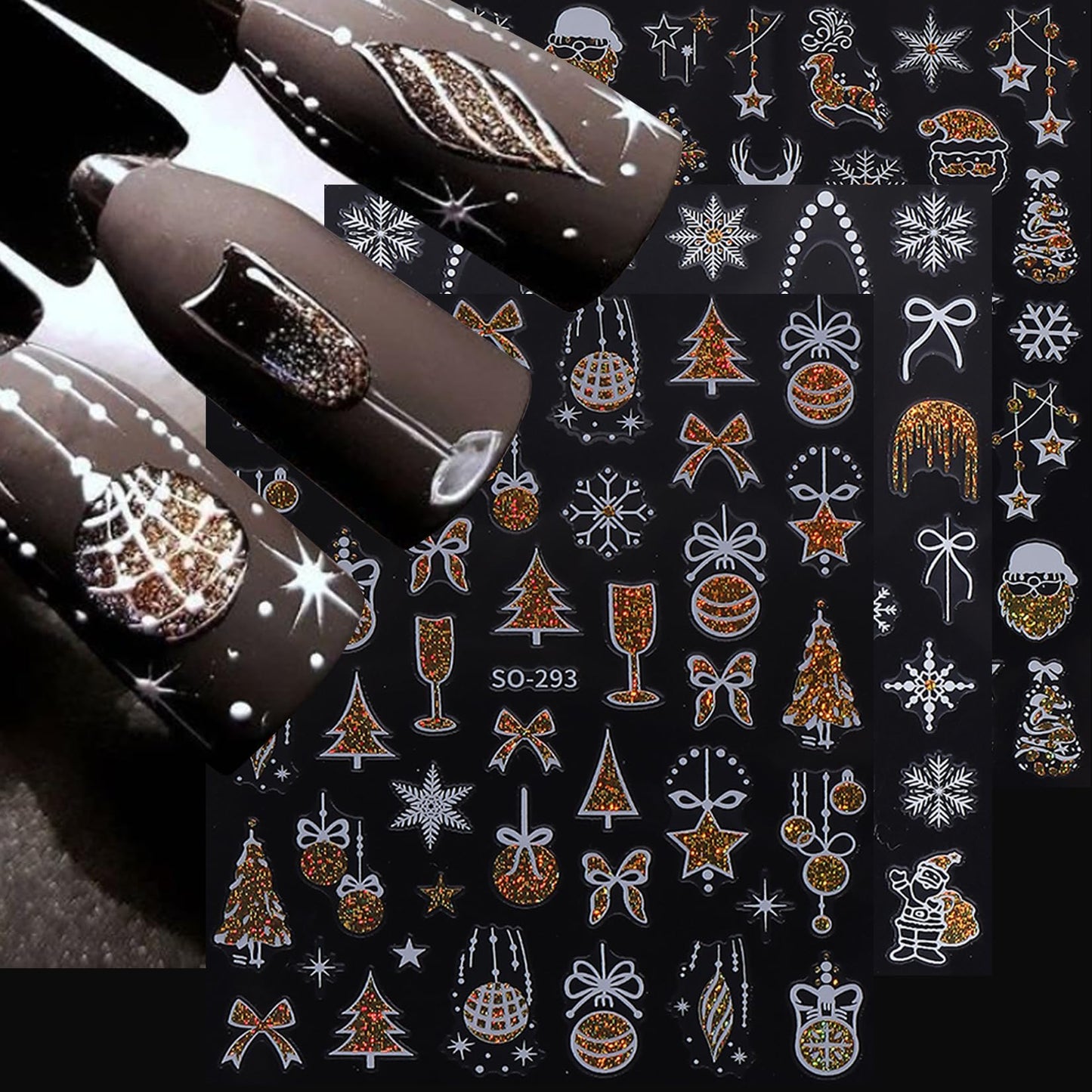 Christmas Holiday Nail Art Stickers 16PCS 3D Santa Claus Deer Decals for Nail Art Seasonal Fingernail Designs White Snowflake Gingerbread Man Self-Adhesive Manicure Decorations Accessories for Women