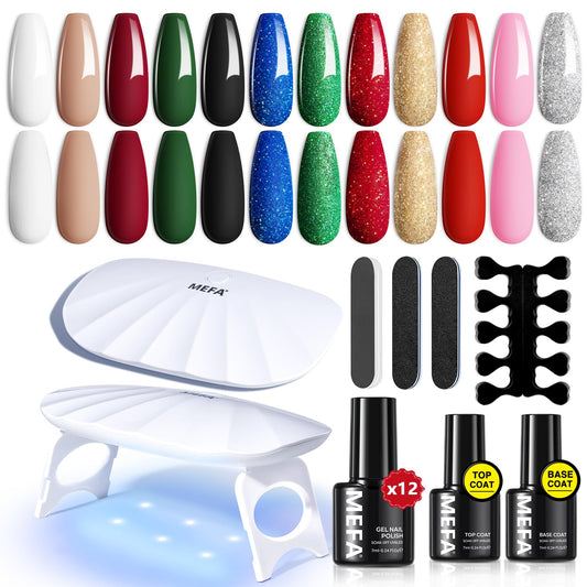 MEFA 19 Pcs Gel Nail Polish Kit with U V Light, 12 Christmas Colors Burgundy Red Dark Green Glitter Gel Polish Winter Silver Gold Sparkle Nail Polish Manicure Soak Off DIY Salon Decorations Gifts