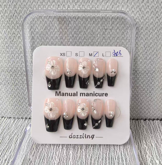 Handmade Press on Nails Coffin Medium False Nails Black French Tip with 3D Flower Designs Rhinestones Charm Cute luxury Sparkly Acrylic Nails for Women (Size M）10pcs
