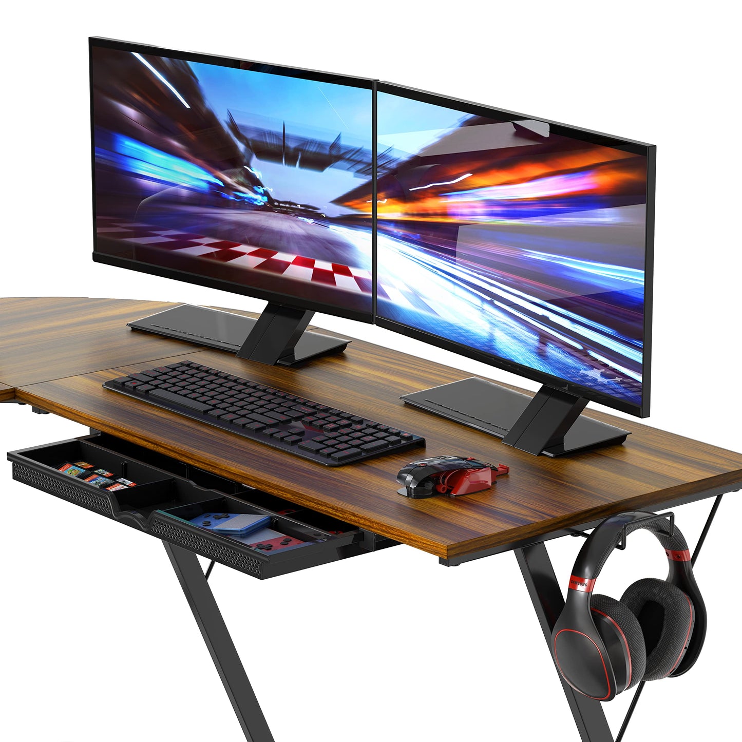 SHW 51 x 51 Inches Vista L-Shaped Desk with Monitor Stand and Drawer, Walnut