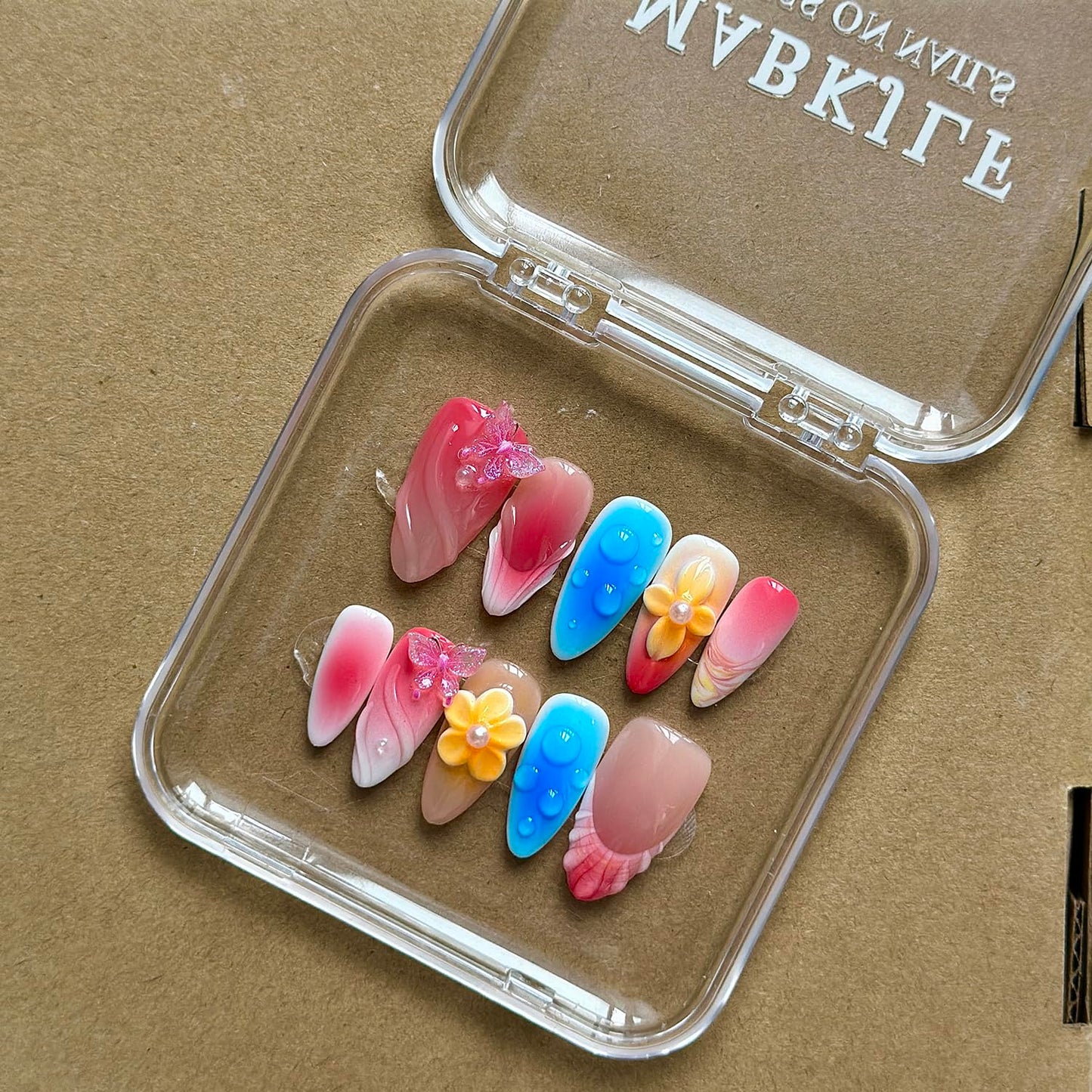 Luxury Press on Nails Medium Almond Handmade 3D Unique Reusable ABS Material Fake Nails Pink&Blue False Nails with Designs Butterfly Yellow Flower Art Petal Glossy Glue on Thick Acrylic Nails(M)