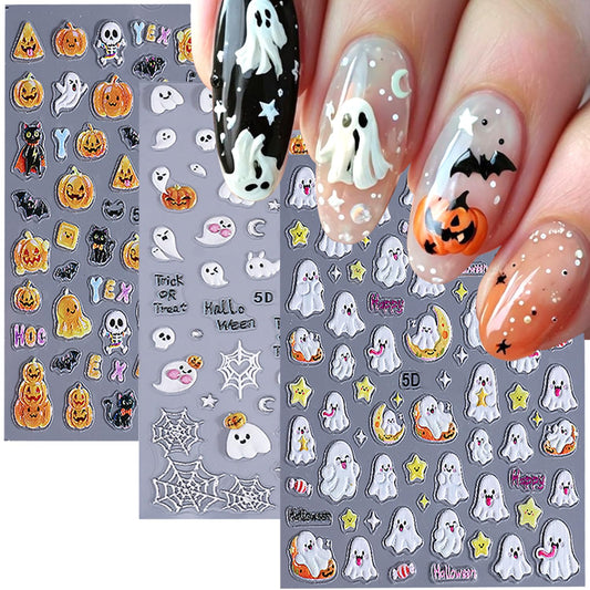 3 Sheets Halloween 5d Embossed Cute Ghost Nail Art Stickers Self Adhesive Pumpkin Spider Web Nail Decals Exquisite Star Moon Nail Design Stickers Holiday Nail Art Supplies for Women Decorations Tips