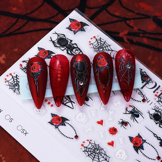 2Sheets Halloween Nail Art Stickers 5D Embossed Pink Skeleton Heart Nail Decals Self-Adhesive Spider Web Spider Stickers with Rhinestone Charms Design Nail Decal Rose Skull Nail Sticker for Women