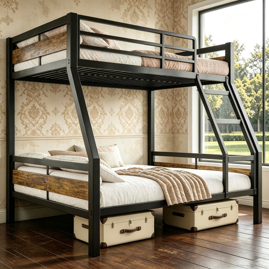 nesture. Bunk Bed Twin Over Full, Heavy Duty Metal Bunkbeds with Full-Length Guardrail, Space-Saving Steel Bed for Kids & Adults, No Box Spring Required, Rustic Brown