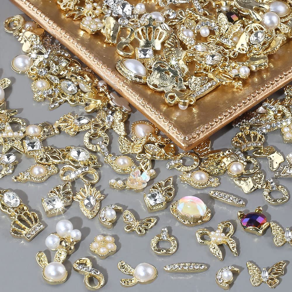 Dornail 50pcs Gold Nail Charms for Acrylic Nails, Mix Styles Shiny Pearl Alloy Nail Rhinestones Flower Butterfly Heart Star Charms for Nails Women Nail Jewels Nail Decorations for Nail Art Charms