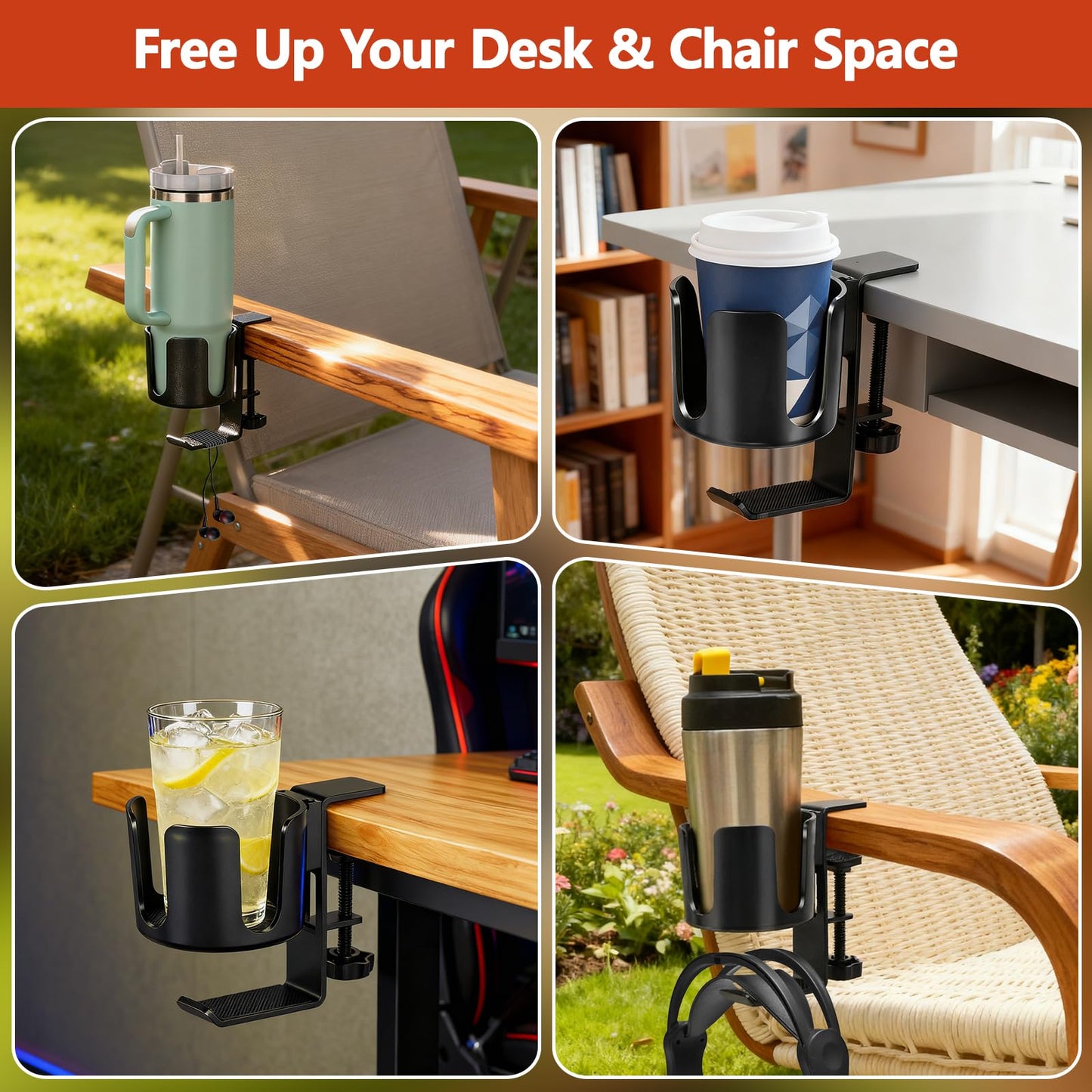 Desk Cup Holder Clamp with Headset Hook, Anti-Spill Water Bottle Stand Clip On Table Edge or Chair Armrests, Office Accessories for Coffee Drink Mug Bottles