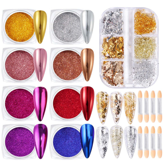Metallic Chrome Mirror Nail Art Powder Set, Gold Silver Nail Foils Gorgeous Nail Glitter Aluminum Sequins Holographic Glitter Powder Pigment for Manicure