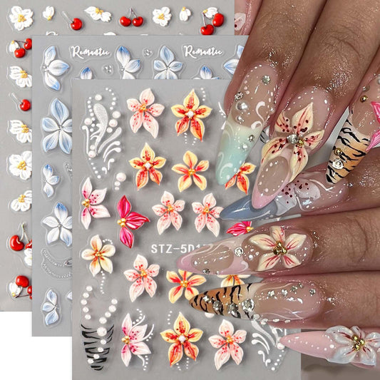 3 Sheets Flower Nail Stickers Cherry Lily Nail Decals 5D Self-Adhesive White Blue Pink Gradient Floral Nail Art Stickers Spring Summer Nail Decoration for Women DIY Manicure Supplies