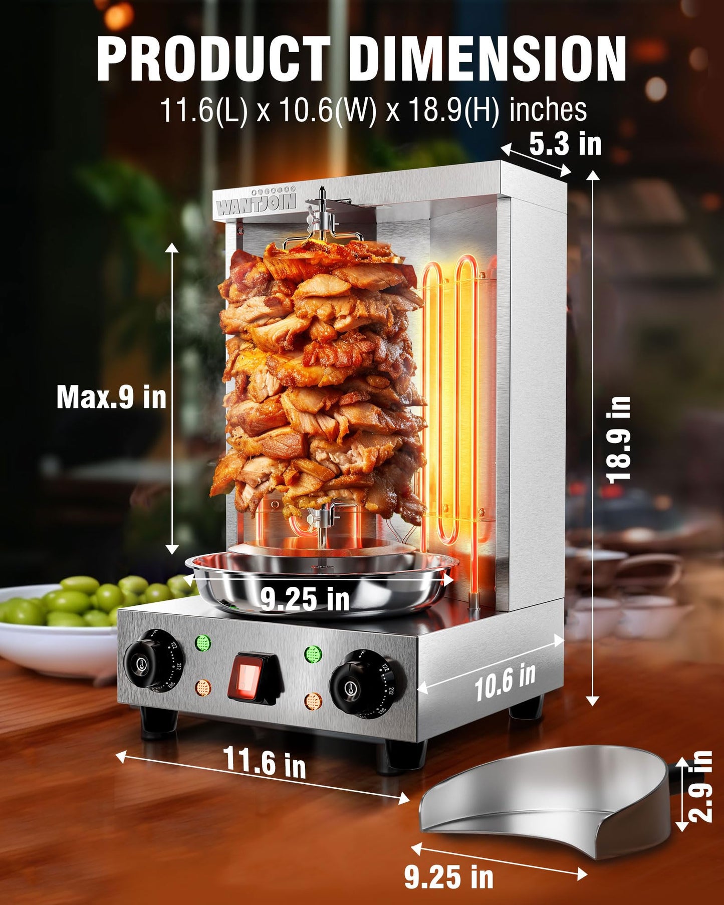 WantJoin Shawarma Grill Machine - 22 lbs Electric Vertical Rotisserie with 2 Burners and Shovel for Home, Stainless Steel Rotating Doner Kebab 122°F to 572°F Temp For Chicken, Beef, Gyro Meat, 2520W