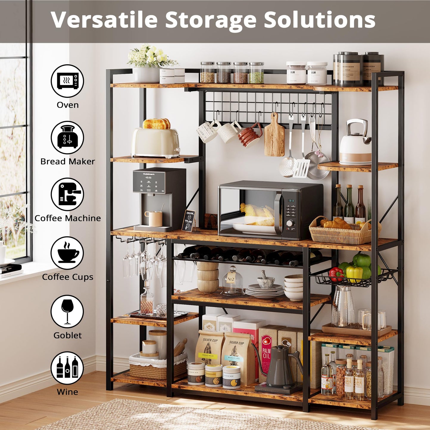 IRONCK Large Bakers Rack with Power Outlet, 62 Inch Wide Microwave Stand, Coffee Bar with Storage, Kitchen Racks and Shelves, Vintage Brown