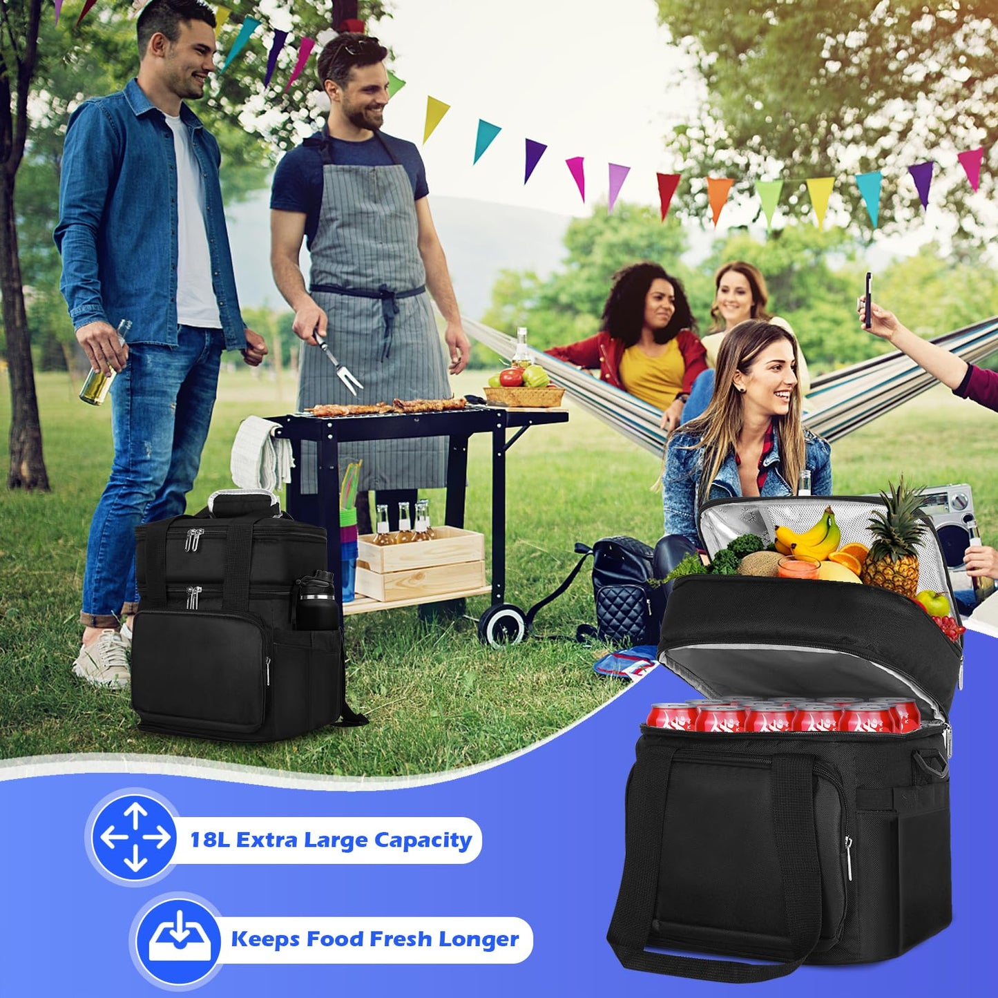KALVATAY Insulated Lunch Bag, Lunch Box for Men, Double Deck Reusable Lunch Bag for Work Outdoor Picnic Day Trips - Heavy Duty Leakproof Cooler Bag Organizer for Adults(Black, 18L)