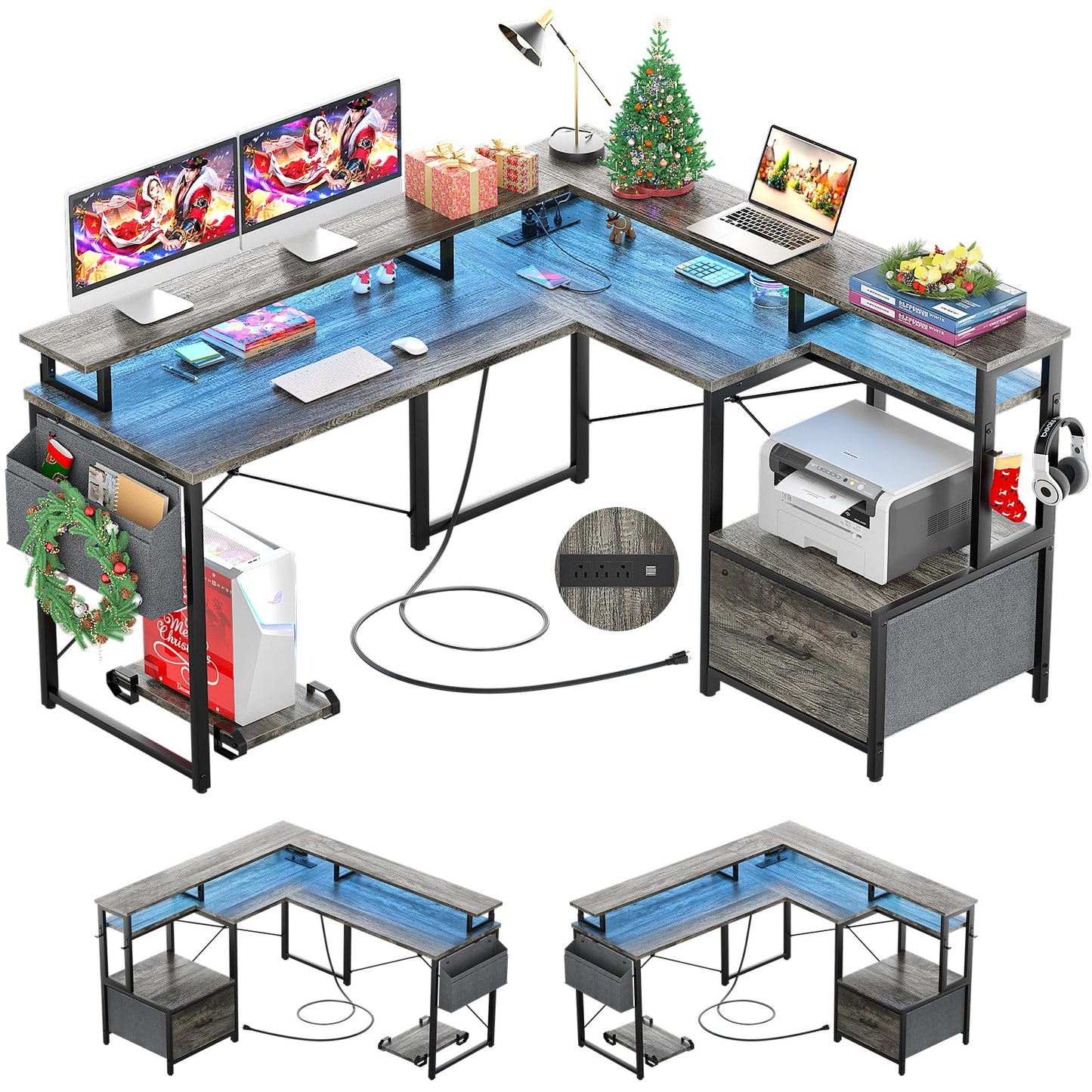 Hyomdeck L Shaped Desk with Power Outlet and LED Strip, Reversible L Shaped Computer Desk with File Drawer, Corner Desk for Gaming Writing, Home Office Desk with Monitor Shelf, Black Oak