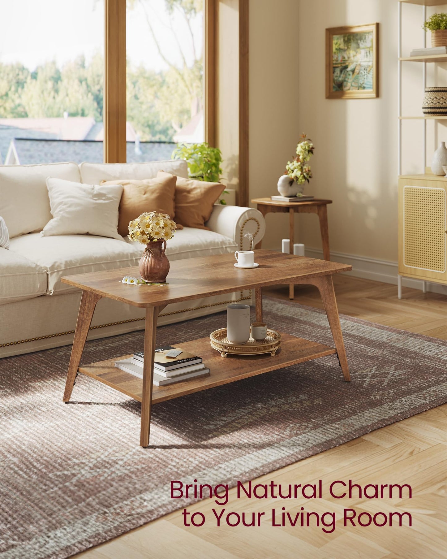 VASAGLE MAEZO Collection - Coffee Table, 2-Tier Center Table with Storage, Tapered Legs, Curved Transitions, 21.7 x 39.4 x 17.7 Inches, Easy to Assemble, for Living Room, Honey Brown ULCT249K01