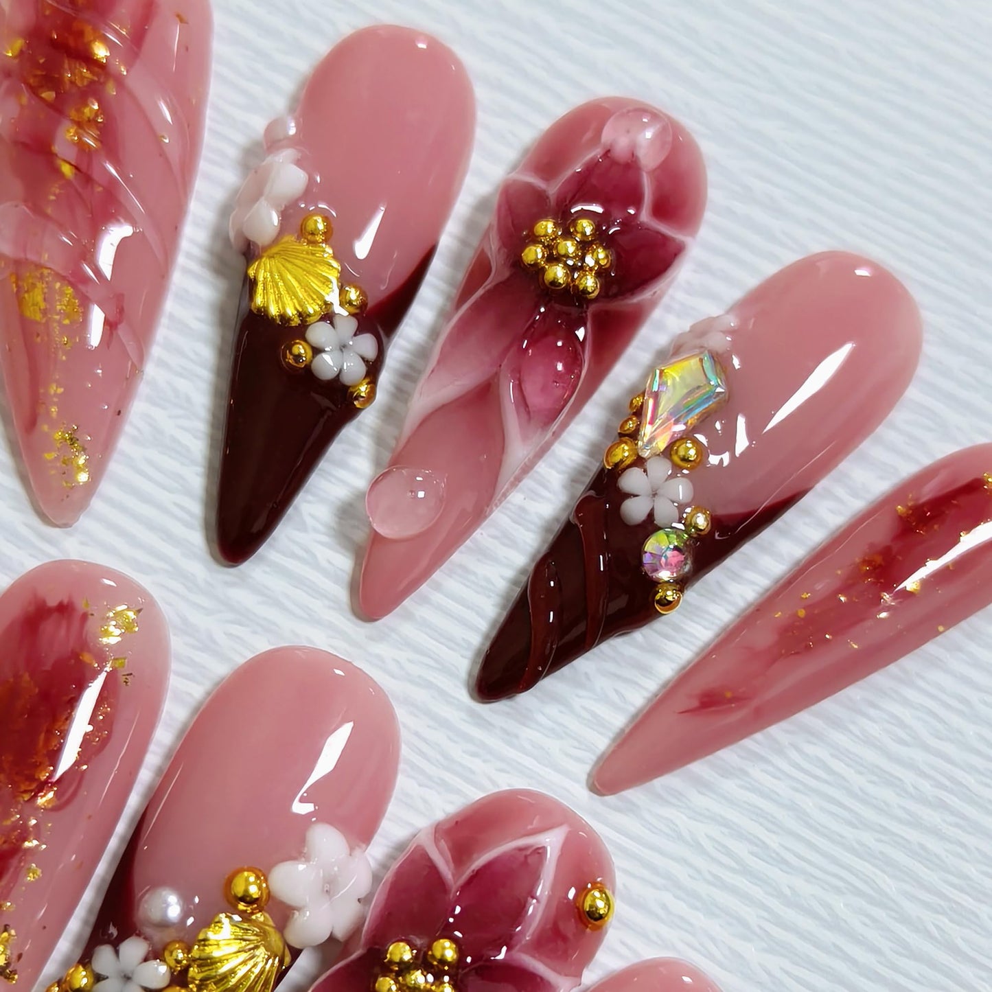 TENPAL Handmade Press on Nails Long Stiletto - Burgundy French Tips 3D Floral Embossed Glossy False Nails for Women Girls Fall Winter- Glossy Acrylic Y2K Nails for Parties Date Daily Wear(M)