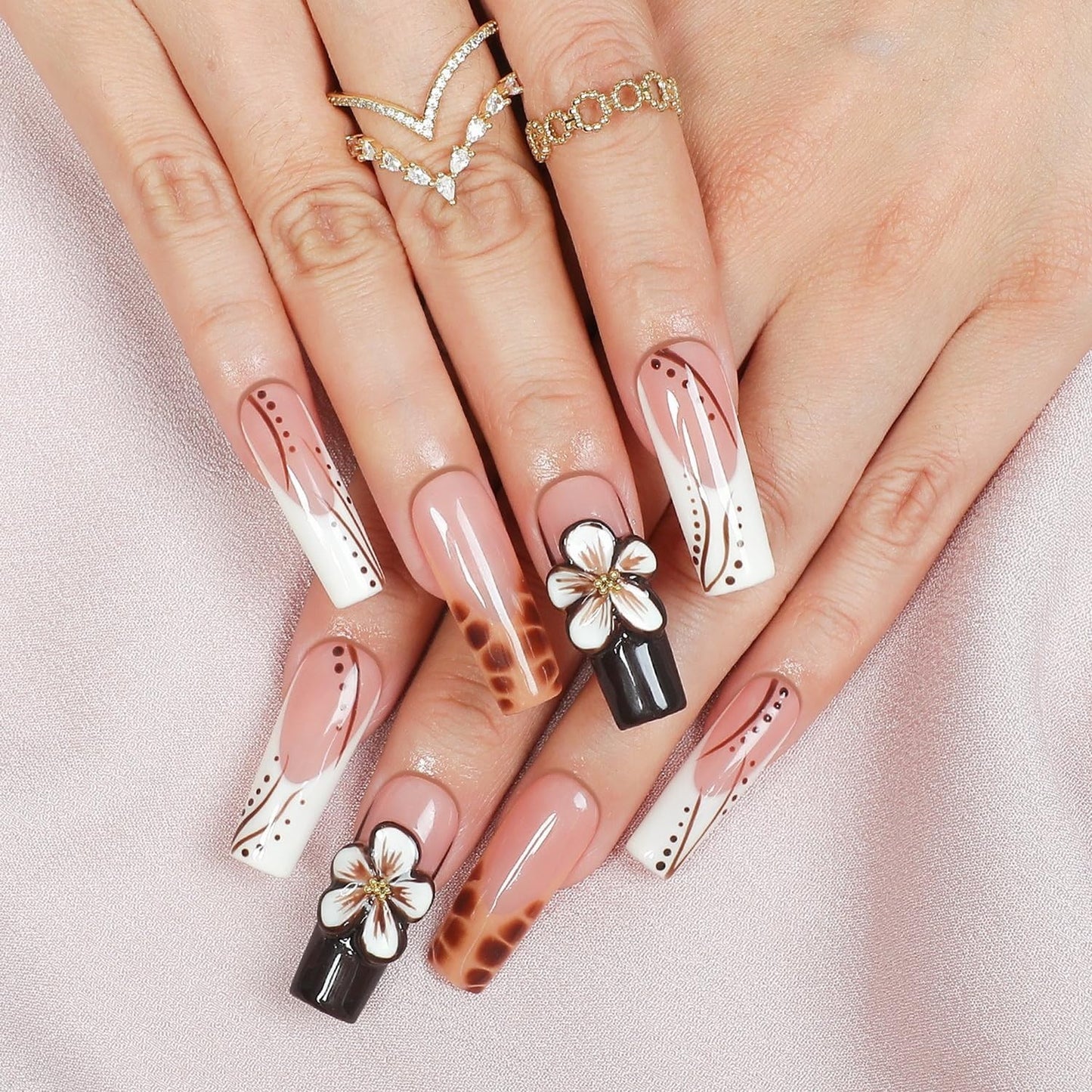 Flower Press on Nails - Long Square Handmade Press on Nails Thick Acrylic and Muti-Layer Gel False Nails 3D Floral Stick on Nails Leopard French Tip Fake Nails for Women DIY Art Decor (M)