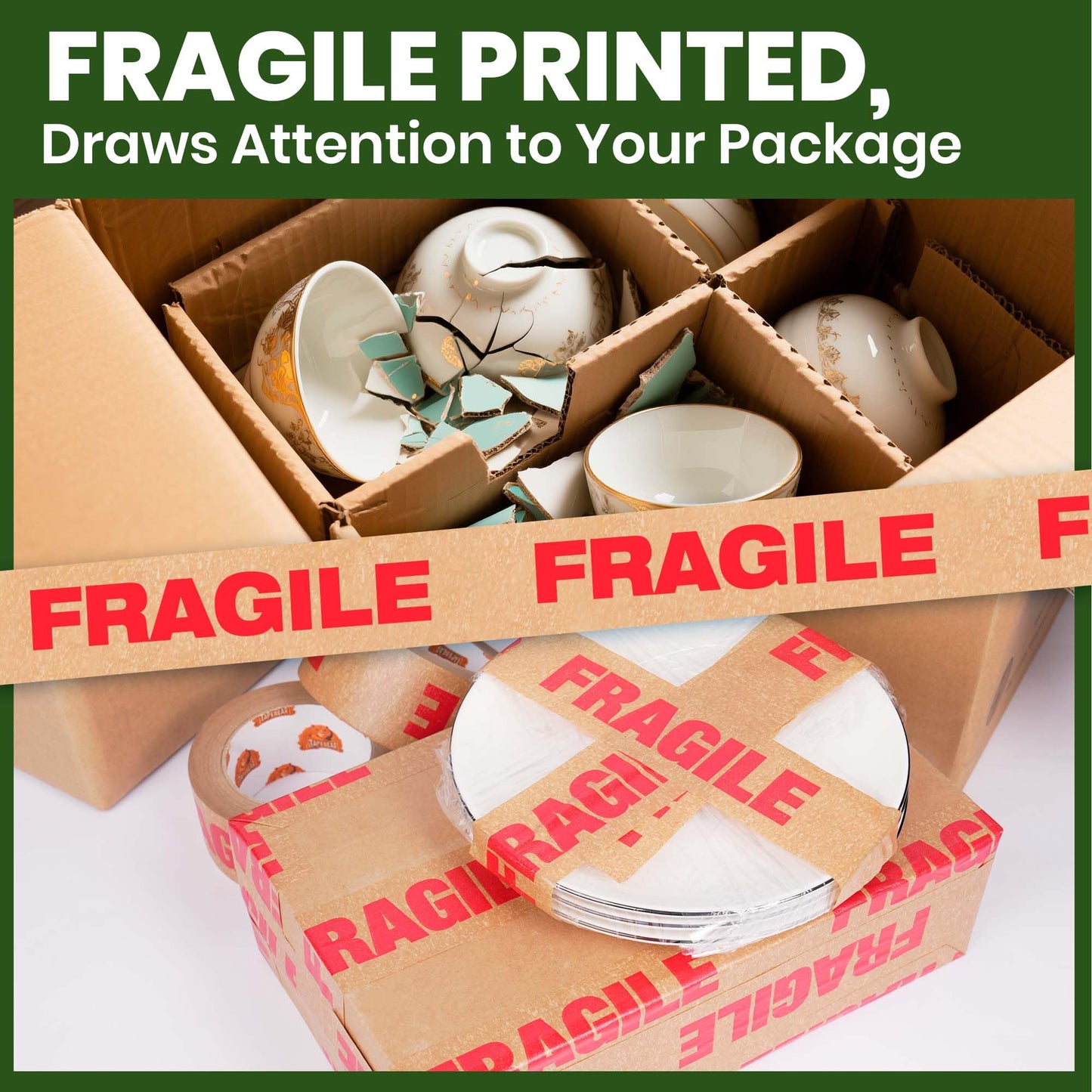 TAPEBEAR Fragile Tape Eco-Friendly Kraft Paper Tape 2Inch x 55Yard, Biodegradable Packaging Brown Paper Tape Self Adhesive Box Tape for Small Business, Shipping, Sealing, Moving, 3Rolls