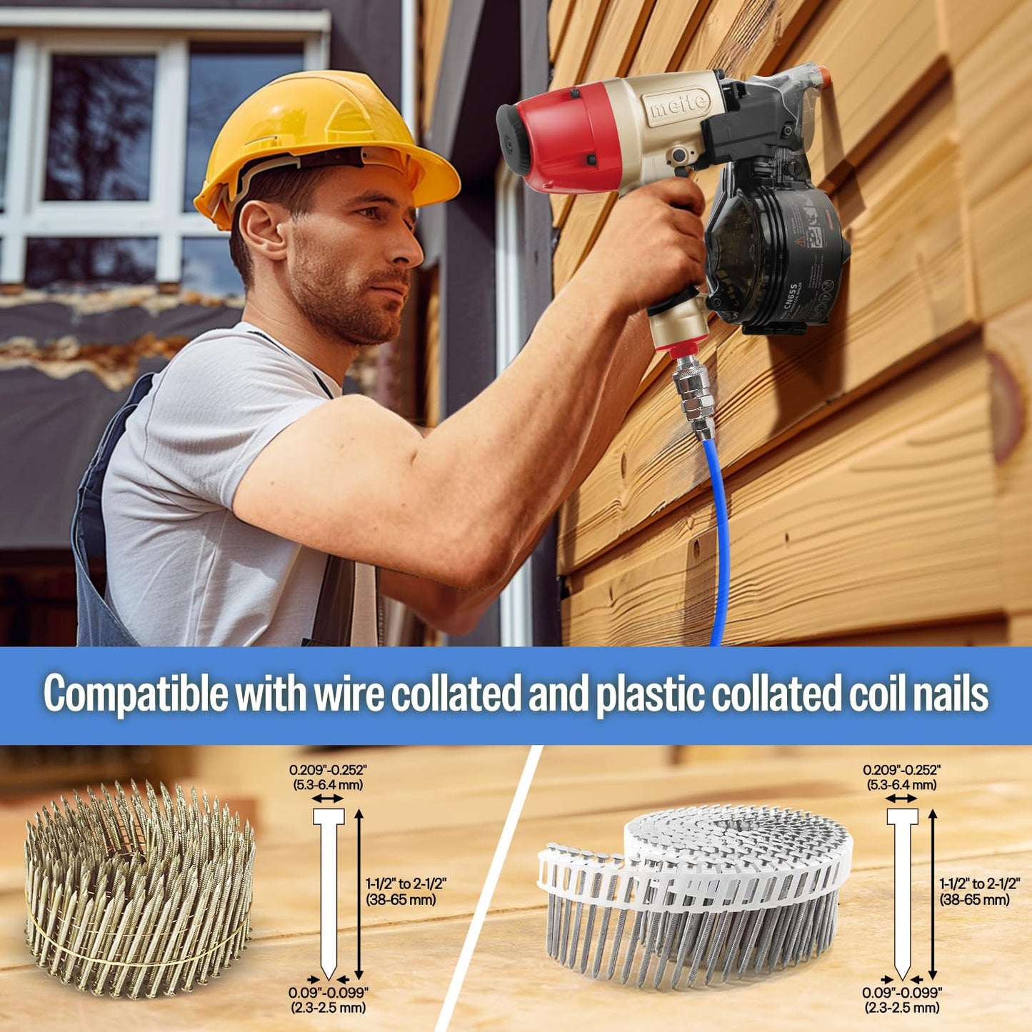 meite CN65S Coil Siding Nailer - Pneumatic Nail Gun with 360° Exhaust & Safety Lock, Professional Air Coil Nailer Lightweight Fencing & Decking Tools, Accepts 15 Degree 1-1/2'' to 2-1/2'' Coil Nails