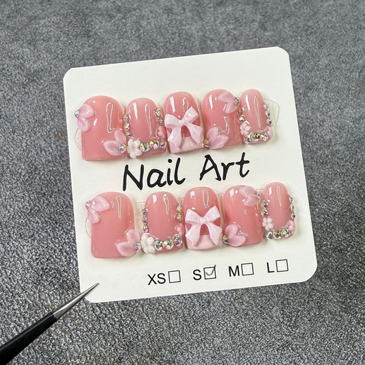 Handmade Press on Nails Short Square Fake Nails Rhinestones False Nails 3D Bow Flower Artificial Acrylic Thick Stick on Nails Handmade for Women Manicure Art Decorations (Size M)