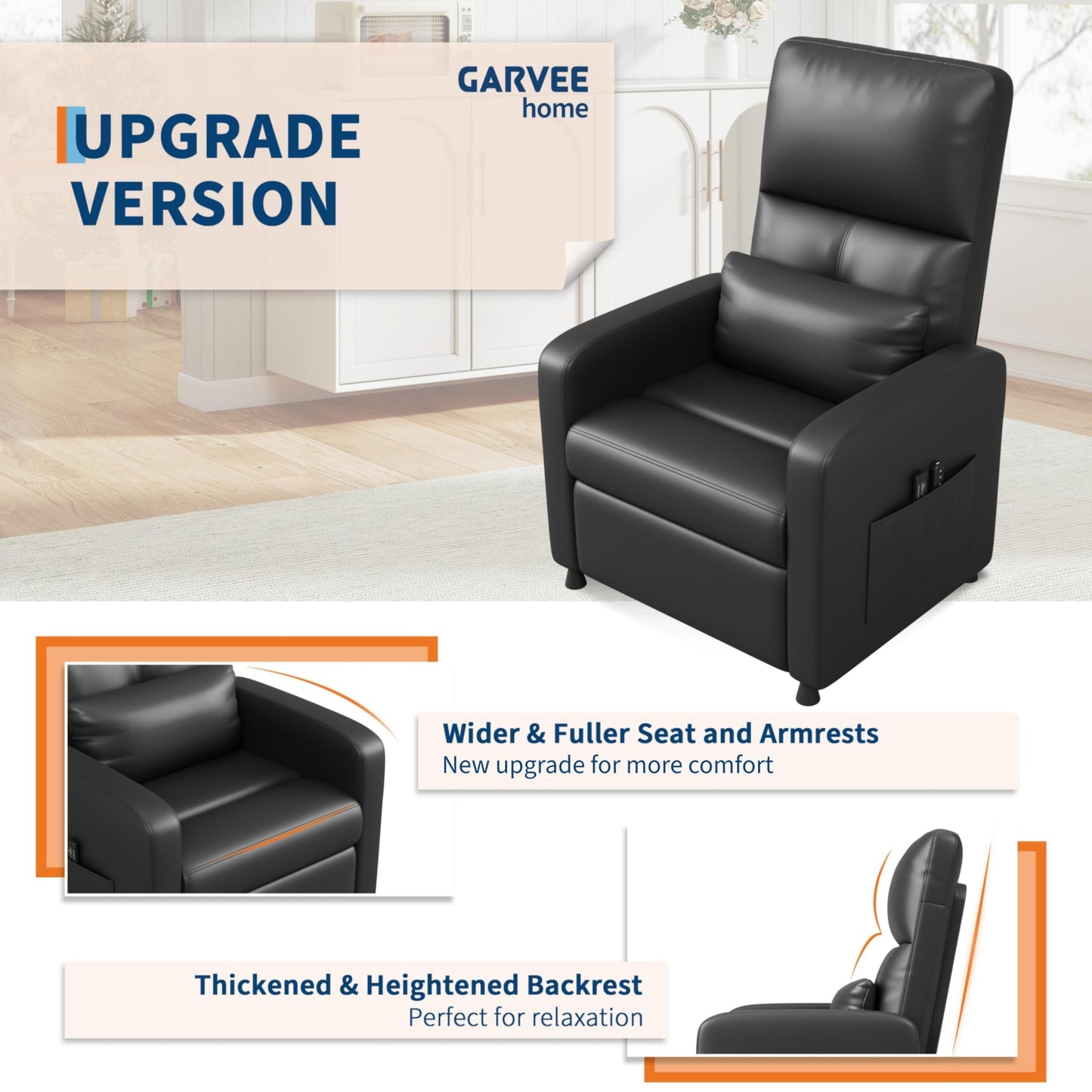 Ergonomic Power Recliner Chair with Heat & Massage, Electric Recliner, Tall Back, Overstuffed PU, Side Pockets, Heated Recliner for Living Room, Home Theater & Game Rooms