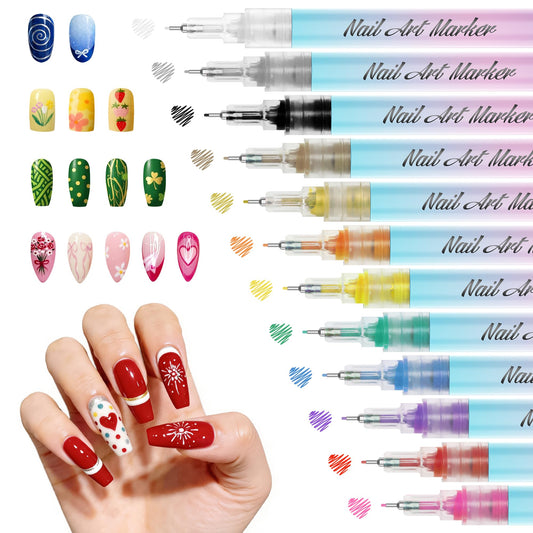 12 Colors Nail Art Pens Set, 0.5mm Ultra-Fine Tip Nail Polish Pens for Drawing Dotting Painting Liner, Quick Dry Non-Toxic Nail Art Markers for DIY Nail Art Crafts, Home, and Salon Use