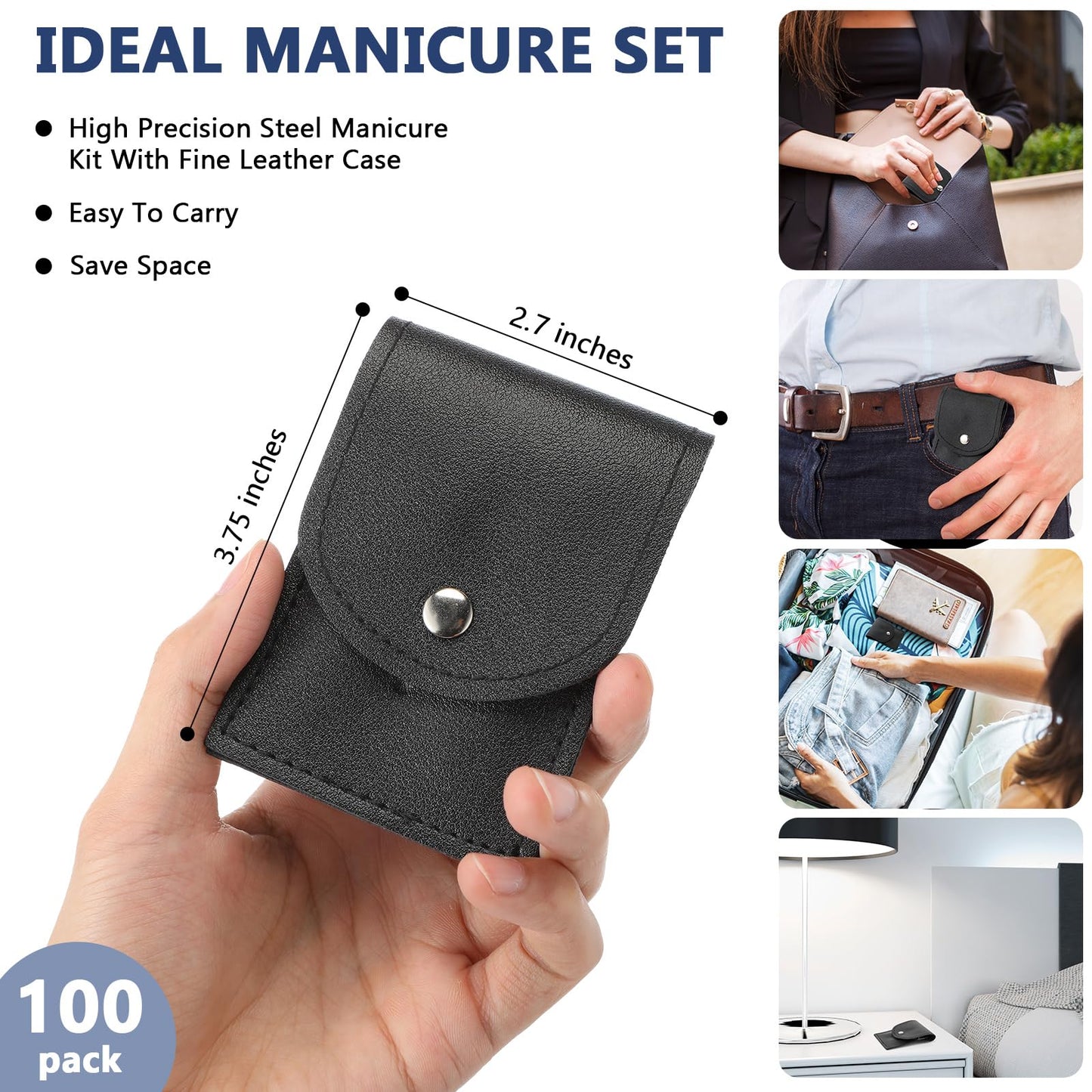 Lasnten 100 Bulk Nail Clipper Set Bulk Manicure Kit Stainless Steel Pedicure Professional Nail Care Kit with Travel Case Portable Grooming for Husband Men Women Family(Black,4 in 1)