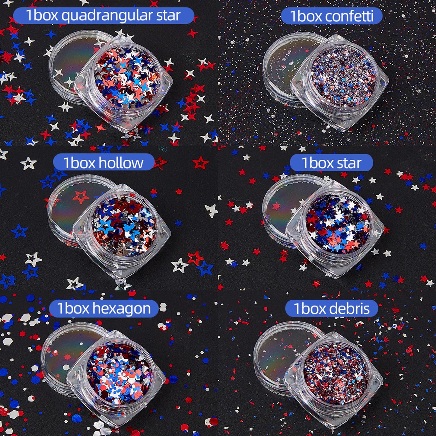 Independence Day Star Nail Glitter July 4th Nail Art Sequins Holographic Patriotic Red Blue Silver Mix Hollow Star for Women Girls Face Body Nail Art Decoration 6 Boxes