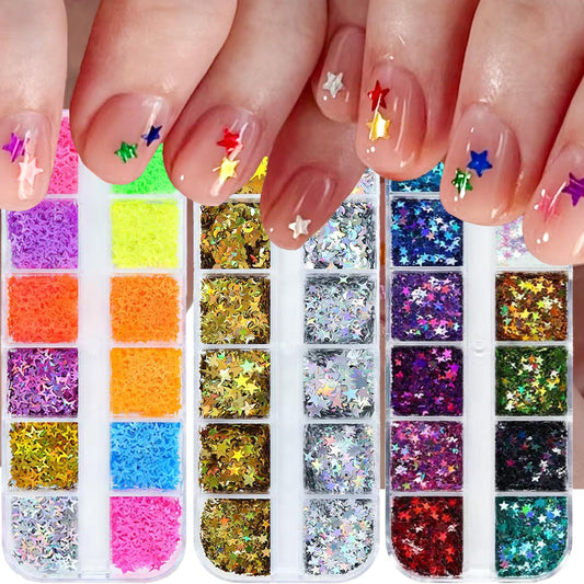 3 Box Star Nail Glitters Colorful Holographic Sequins 3D Mermaid Laser Independence Day Nail Flakes Sparkly Shiny Star Nail Decals Nail Art Design for Women Girls Manicure DIY Decorations