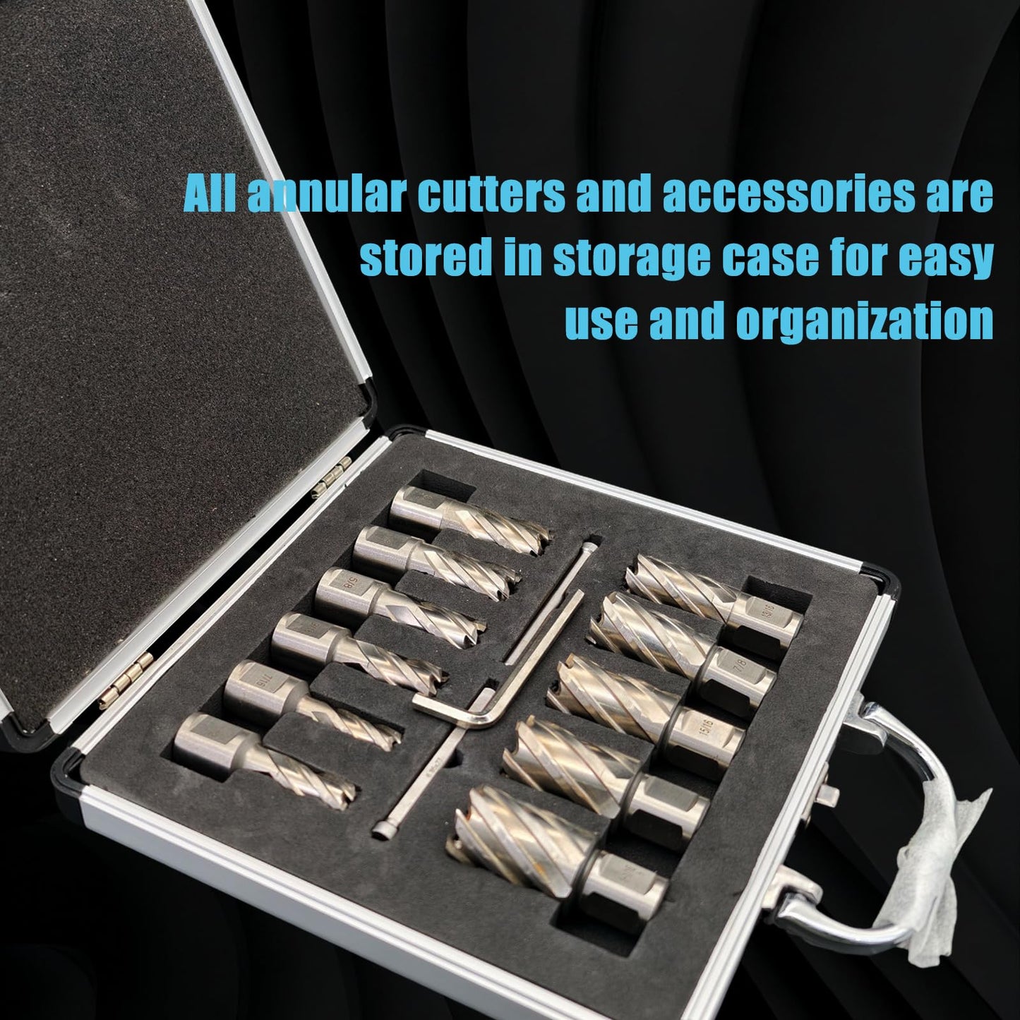 Techhyren 11pcs Annular Cutter Set, Cutting Depth 1" Cutting Diameter 7/16" to 1-1/16", M2 HSS Mag Drill Bits for Magnetic Drill Press, Steel, Aluminum, Copper, with 2 Pilot Pin & 1 Hex Wrench