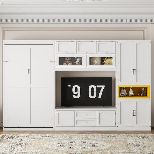 Ball & Cast Twin Size Murphy Bed with Integrated TV Stand and 2 Storage Drawers,Wood Hideaway Wall Beds w/Shelves & Cabinets,can be Folded,Space-Saving,for Small Room,Dorms,Color-Blocking,White