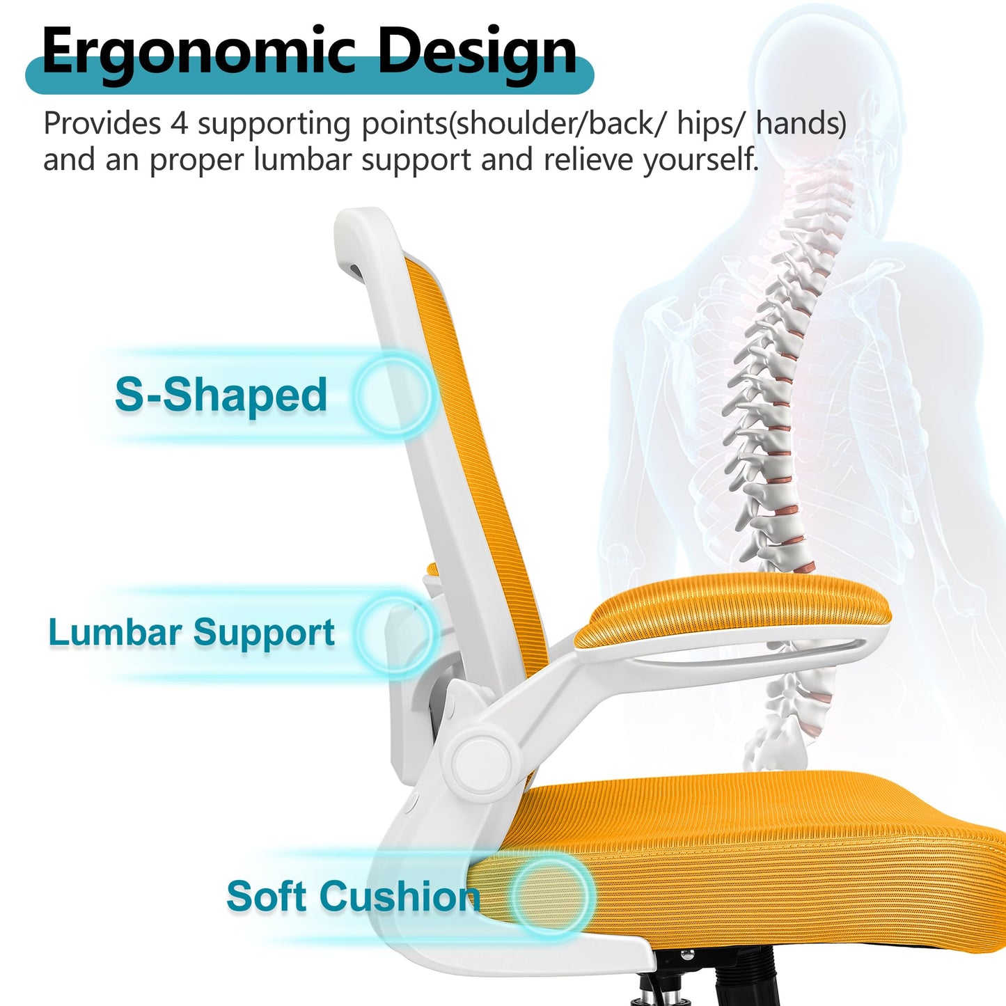 FelixKing Office Chair, Ergonomic Desk Chair Breathable Mesh Chairs Adjustable High Back Lumbar Support Flip-up Armrests, Executive Rolling Swivel Comfy Computer Chairs Home Office Yellow