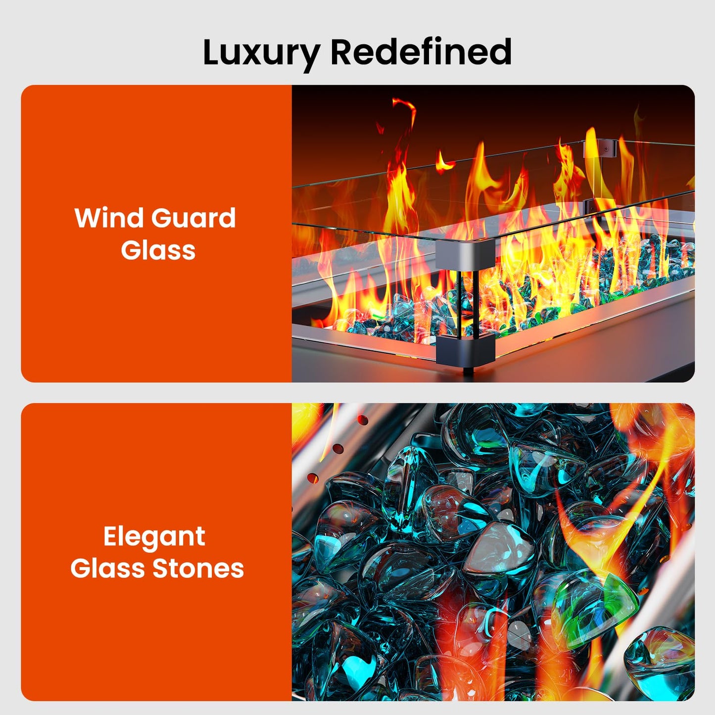 AMADA HOMEFURNISHING 43 Inch Propane Fire Pit Table, 60,000 BTU Gas Fire Pit with Premium Glass Rocks, Wind Guard Glass Shield, Waterproof Cover, Cup Holders, Fire Table for Patio and Garden