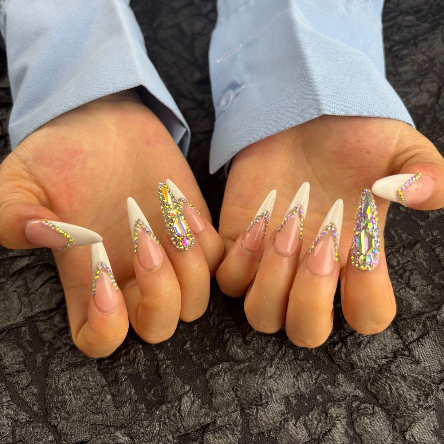 Yabonica French Tip Press On Nails Long Stiletto,10 Pcs Handmade Acrylic Fake Nails Press Ons Salon Design Stick On Nails,Luxury UV Gel Glue On False Nails with 3D Rhinestone 039L)
