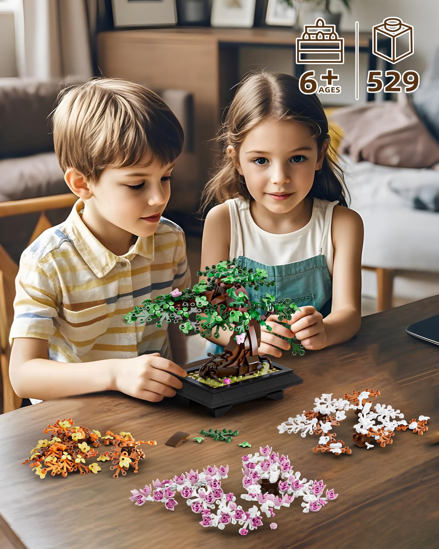 Muiurple 4 in 1 Bonsai Tree Building Set, Four Season Cherry Bonsai Tree Building Kit, Artificial Plant Decor for Home, Desk Greenery, Gift for Adults Girls, Boys and Mother's Day.