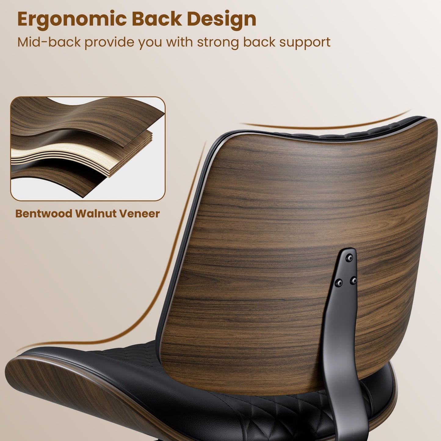 REONEY Home Armless Office Chair with Wheels, Modern Walnut Armless Desk Chair, Adjustable Swivel Rolling Task Chair with Curved Back for Small Space, Reading, Meeting Room, Black