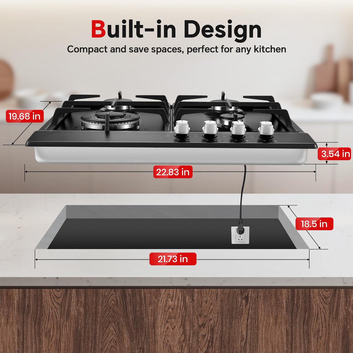 Gas Stove Top 24 inch Eascookchef, 24 inch Gas Cooktop 4 Burner, Bulit-in Stove Top NG/LPG Convertible, Upgrade Black Enamel Propane Cooktop with Thermocouple Protection